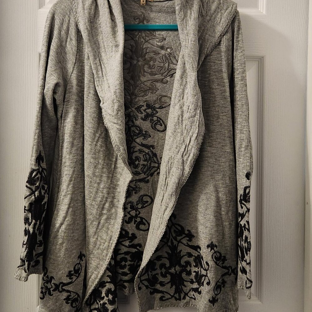 Democracy Embroidered Open Front Cardigan with Hood